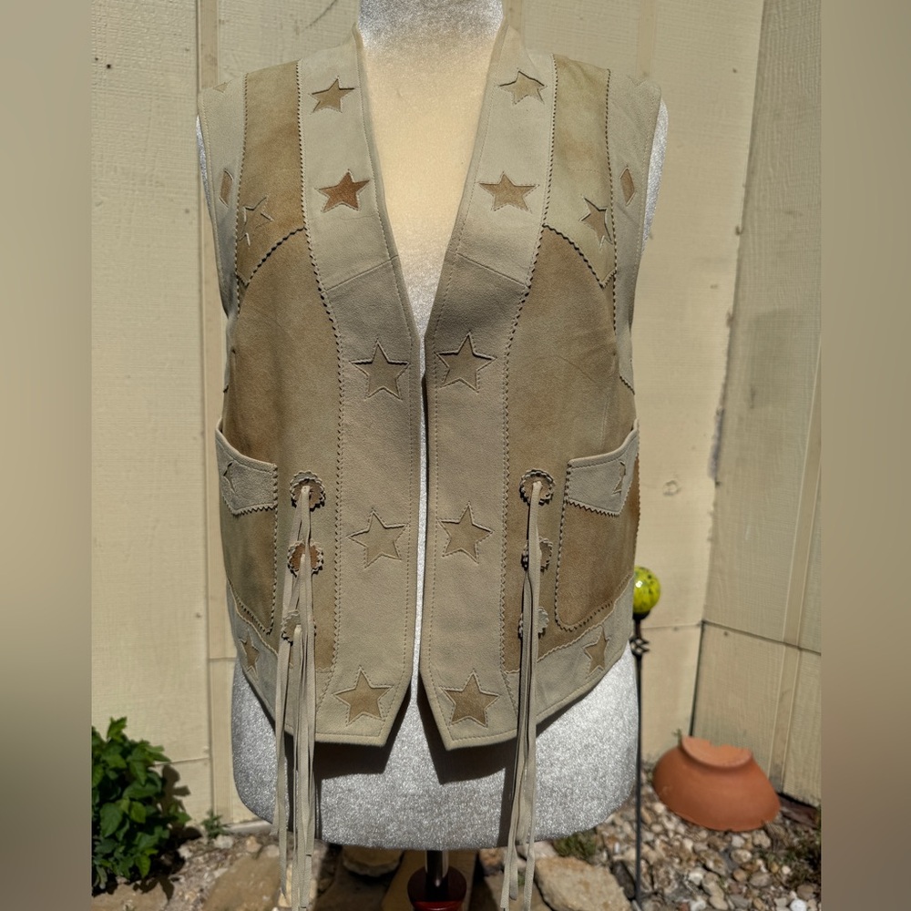 Tasha Polizzi Suede Leather Starry Vest Tan Fringe Western Star Ranch Boho